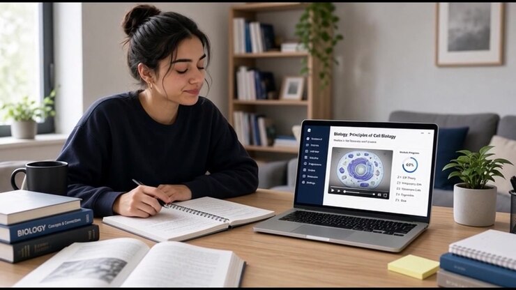 Young Woman Studying Biology Online on Laptop at Home