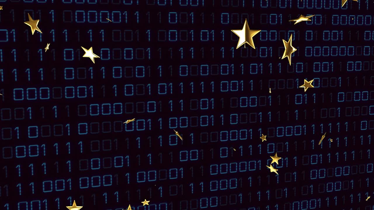 Handful of golden stars drifting into view top right initiating swirling effect across binary grid