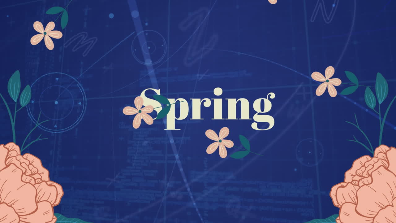 파란색 배경의 데이터 처리에 반해 떨어지는 분홍색 꽃 아이콘과 함께 봄 텍스트