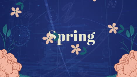 texto de primavera con iconos de flores rosas que caen contra el procesamiento de datos en fondo azul