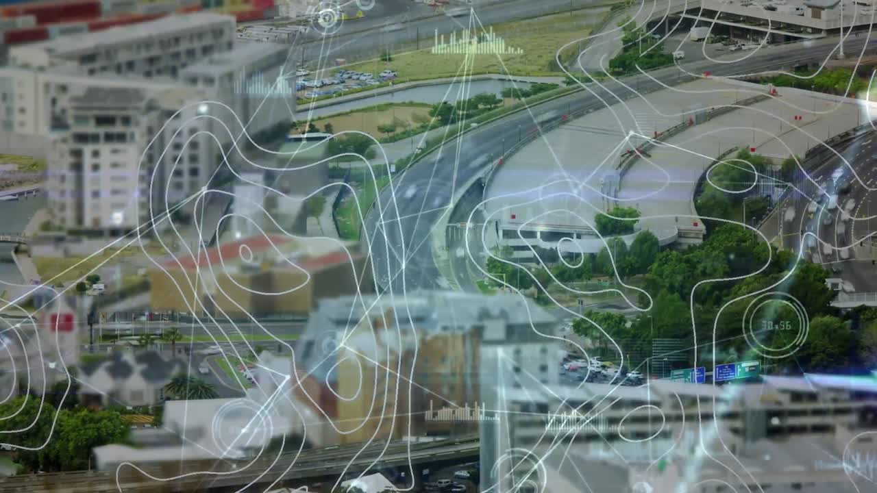 Animace sítě propojení a bílých čar nad panoramatem města.