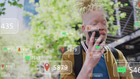 animation of social media data processing over albino man using smartphone in city