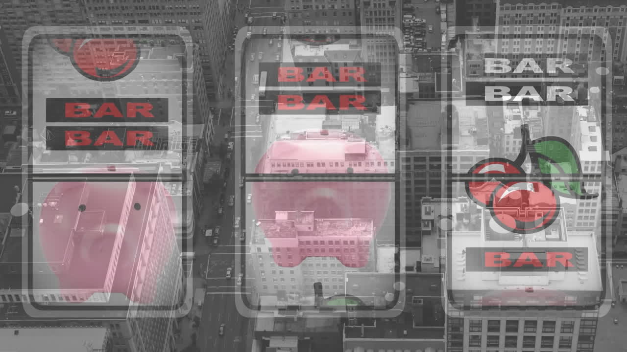 도시 풍경 위의 카지노 과일 기계의 애니메이션