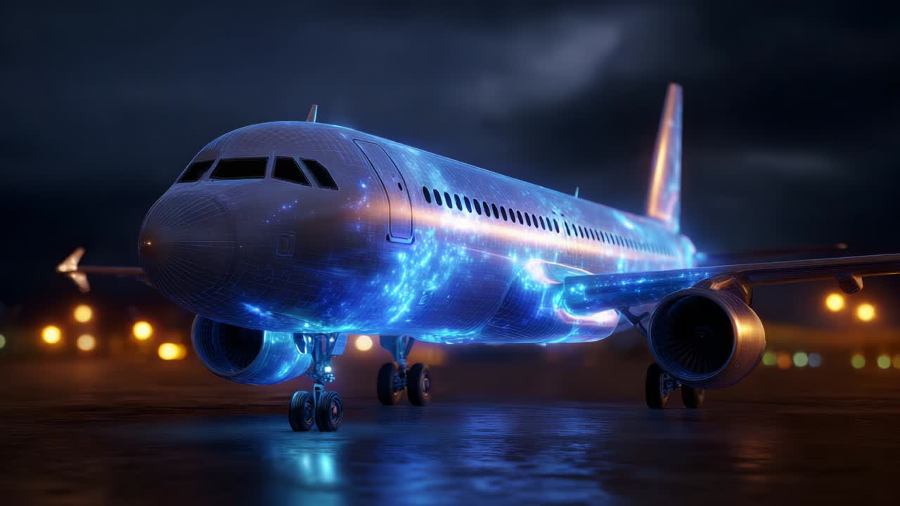 A Spectacular Visualization of a Futuristic Airplane, Showcasing a Stunning Combination of Advanced Aerodynamics and Mesmerizing Light Effects, Set Against a Nighttime Urban Backdrop with Glowing Elements
