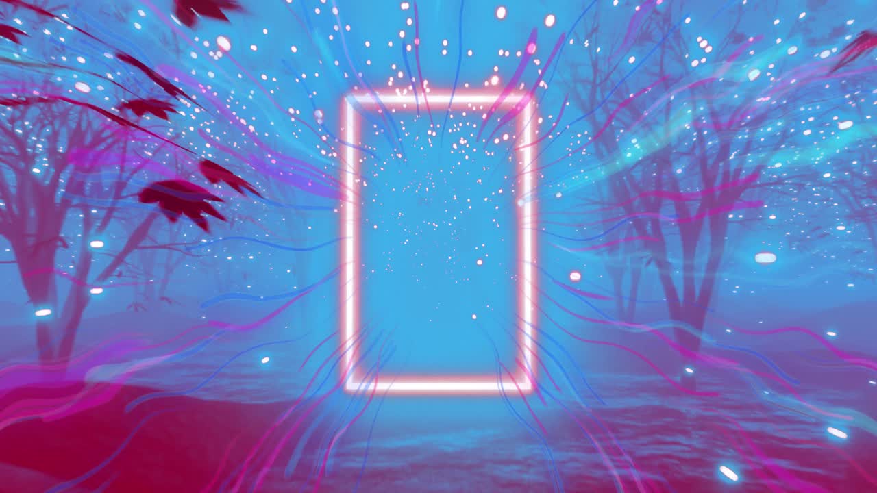 나무 위에 떨어지는 빛 반점 위에 네온 프레임의 애니메이션