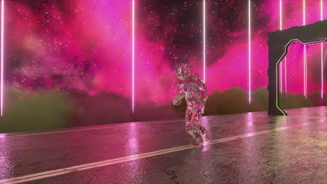 astronaut exploring a futuristic neon space corridor