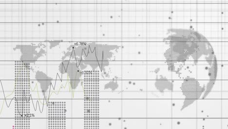 Animation-Der-Statistischen-Datenverarbeitung-über-Einer-Weltkarte-Und-Einem-Sich-Drehenden-Globus-Vor-Weißem-Hintergrund