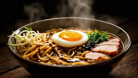 steaming bowl of ramen featuring a soft-boiled egg, tender slices of pork, and fresh green onions, placed on a rustic wooden table, highlighting the warmth and comfort of this dish