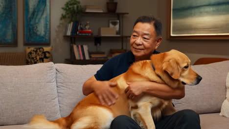 elderly man hugging his golden retriever dog on a sofa