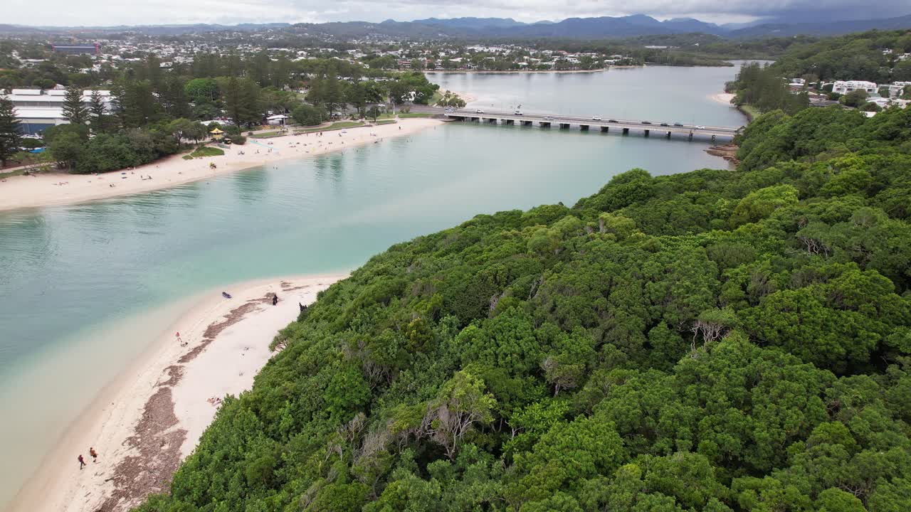 Lush Forest With Tallebudgera Creek Bridge In Burleigh Heads, Queensland, Australia. Aerial Drone Shot