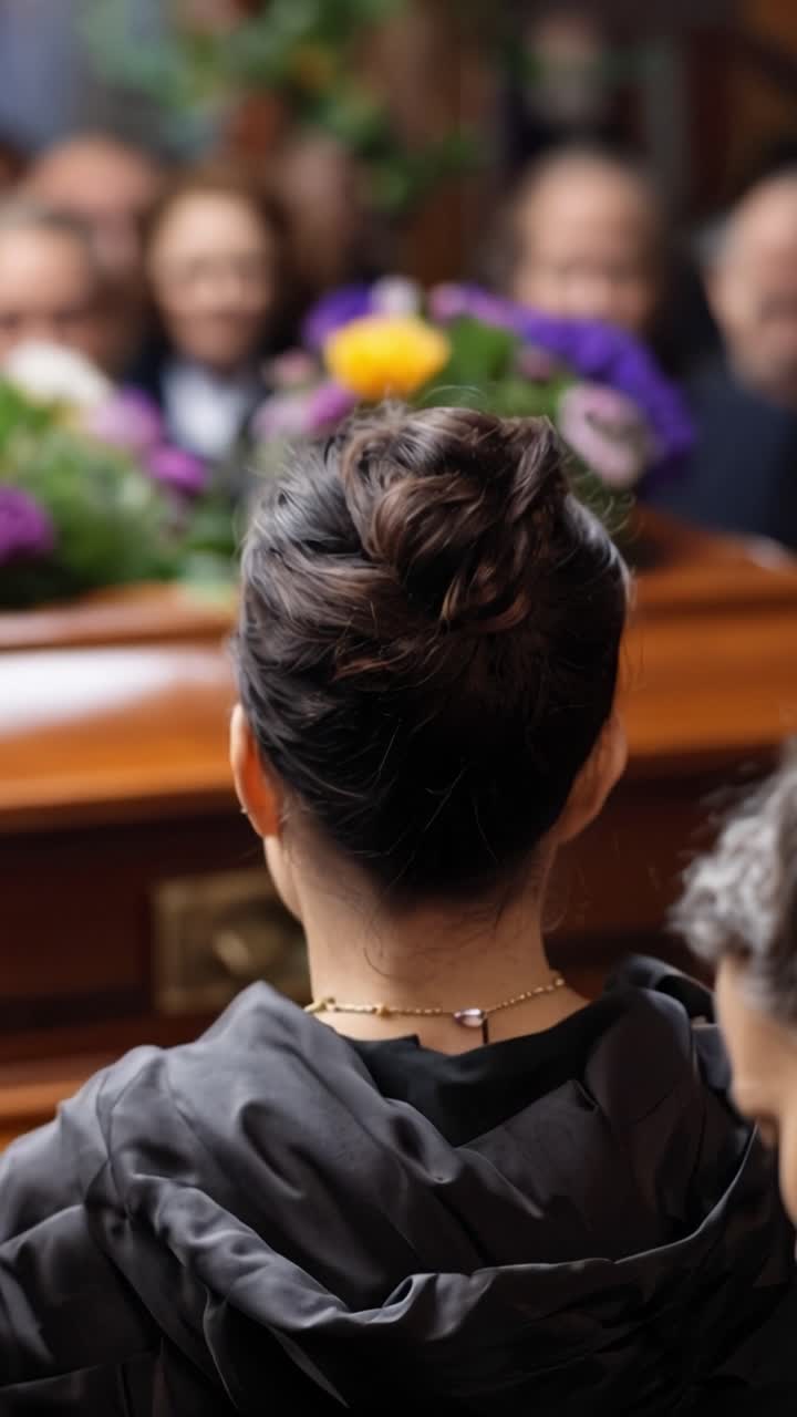 Una donna con i capelli ricci siede solenne. Un'altra persona è di spalle, indossa un indumento scuro. È visibile una bara di legno, adornata di fiori. I volti sullo sfondo appaiono sfocati, suggerendo un raduno.