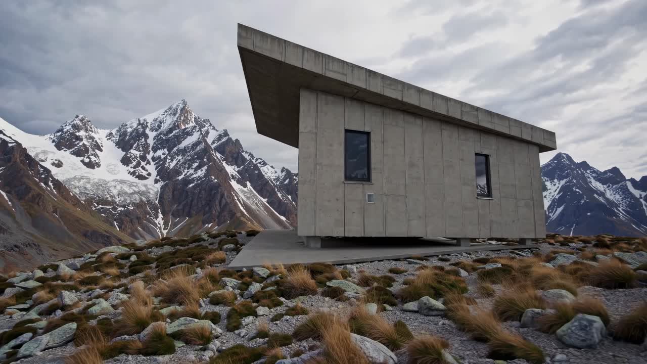 Modern Concrete Hut in Alpine Mountain Scenery