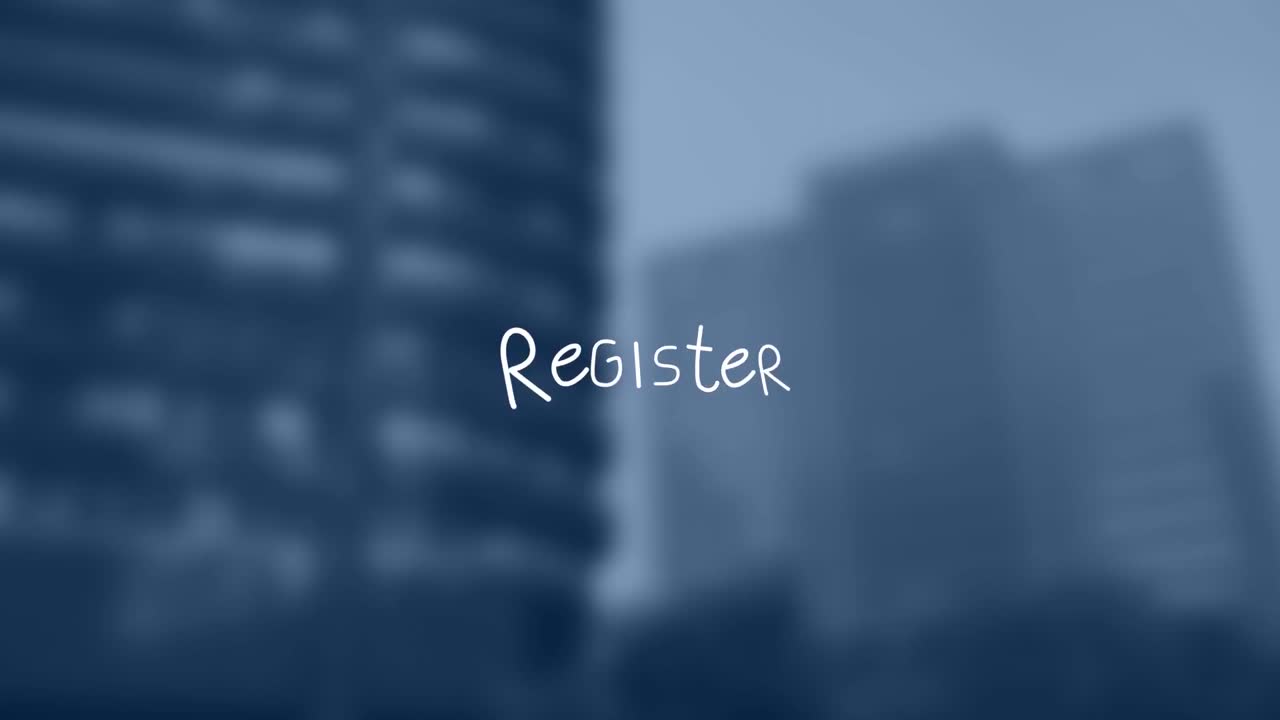 Animation of register text with lines over out of focus cityscape