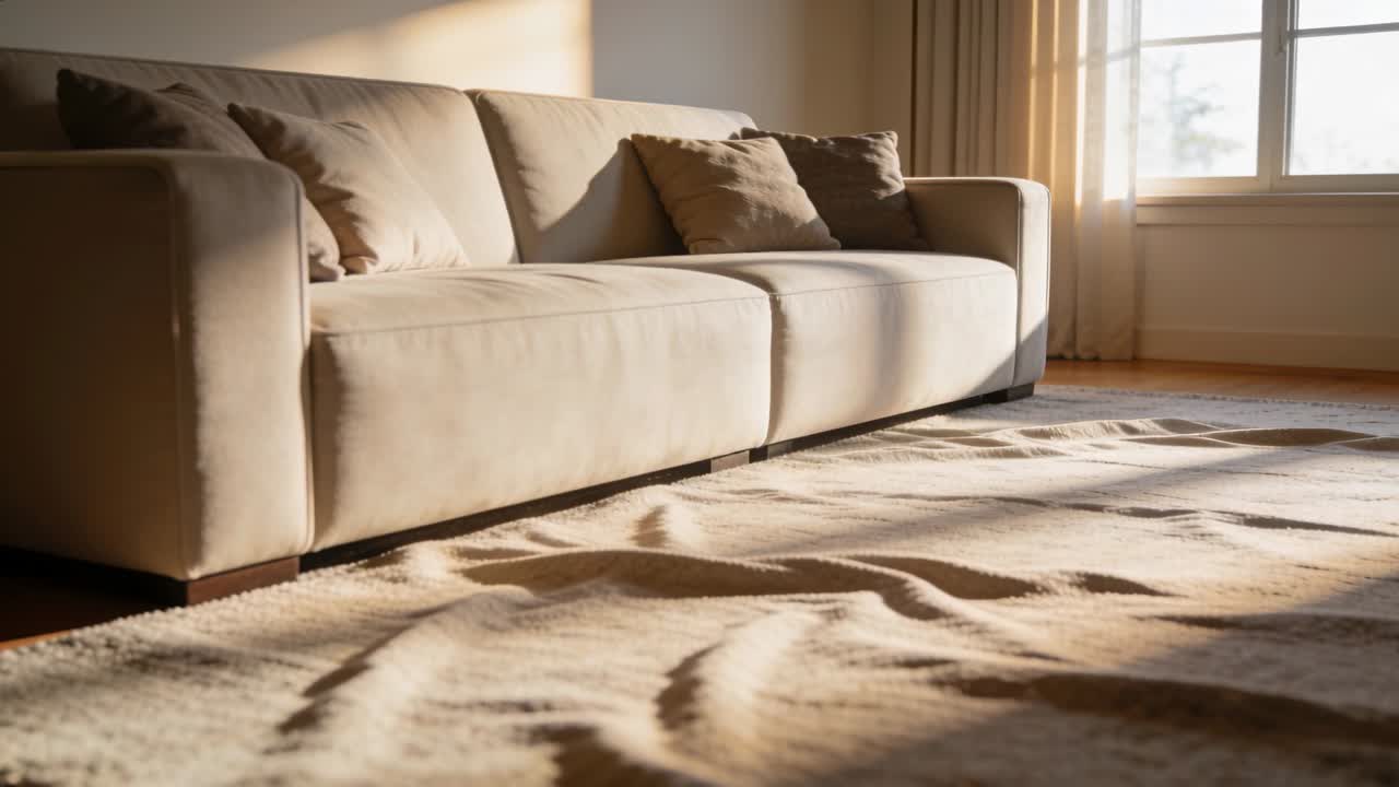 Skiftende sollys gennem vinduet kaster skygger over et tekstureret tæppe og beige sofa, mens solen bevæger sig