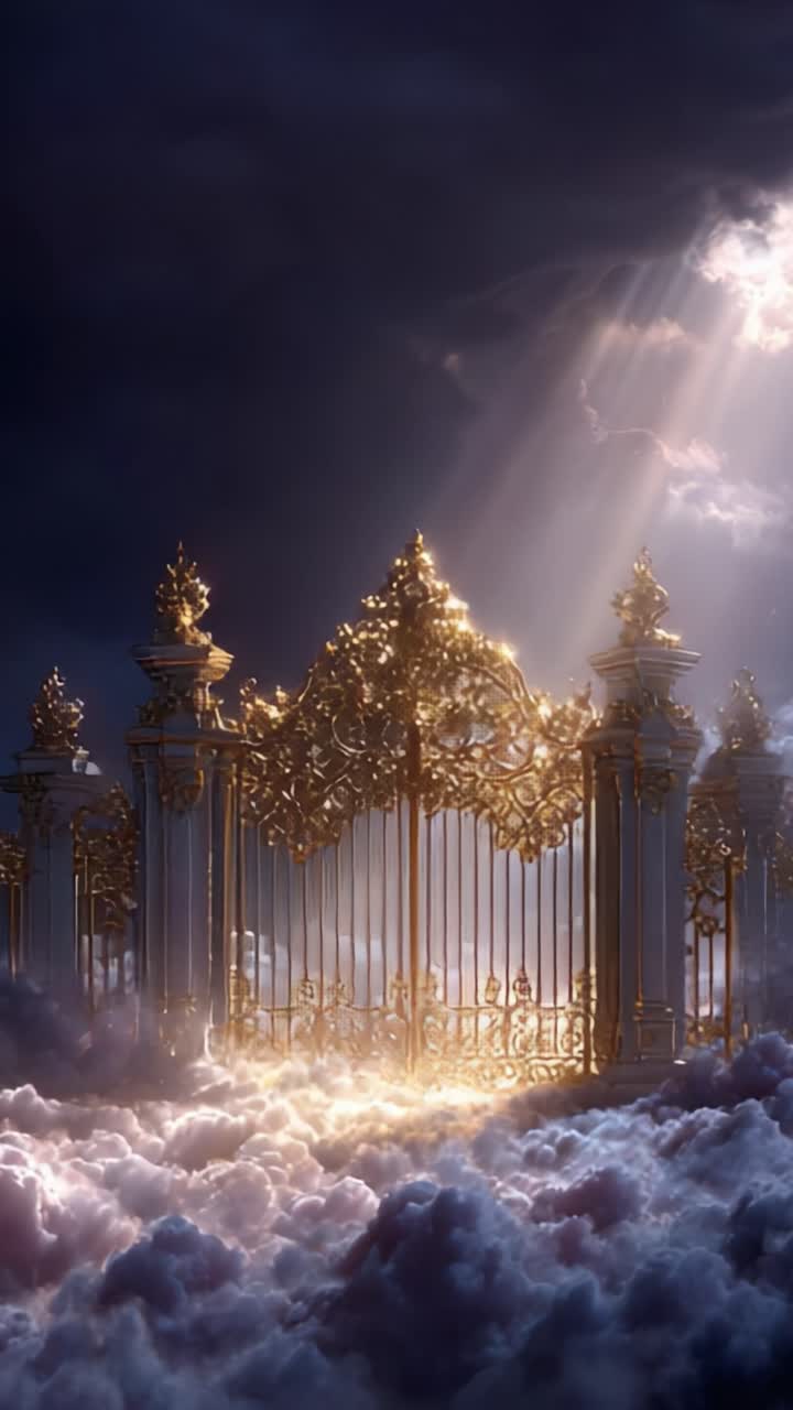 Majestätische, goldene Tore, die sich durch ätherische Wolken erheben, beleuchtet von himmlischen Lichtstrahlen, die eine traumartige Atmosphäre in einer mystischen Umgebung schaffen