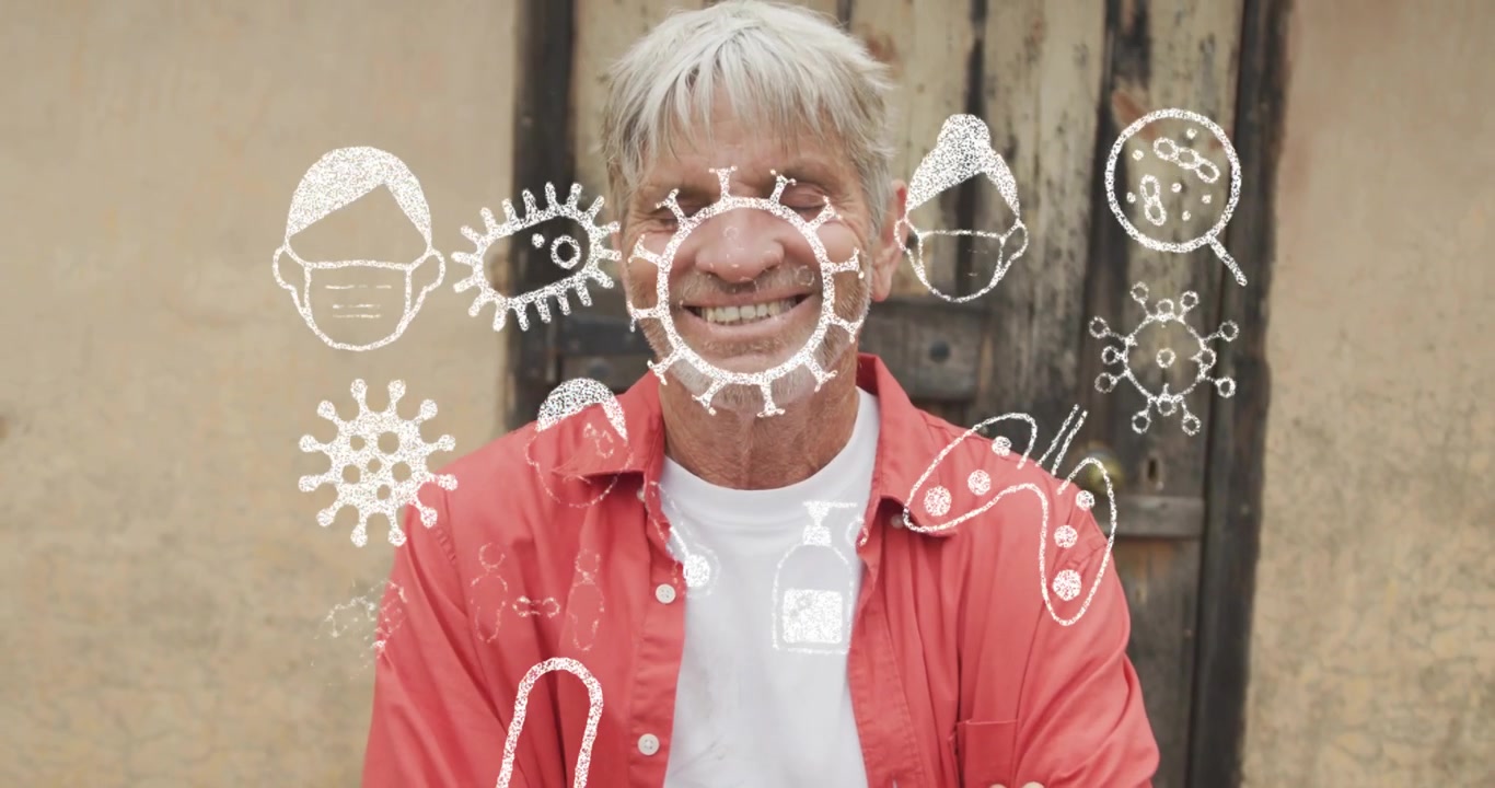Man adjusting sleeve by stucco wall causing health icons swirling around him showing assurance