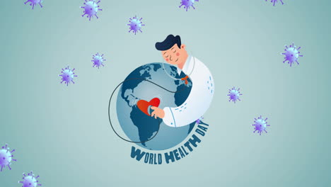 animación de un médico masculino y iconos de células virales en fondo verde