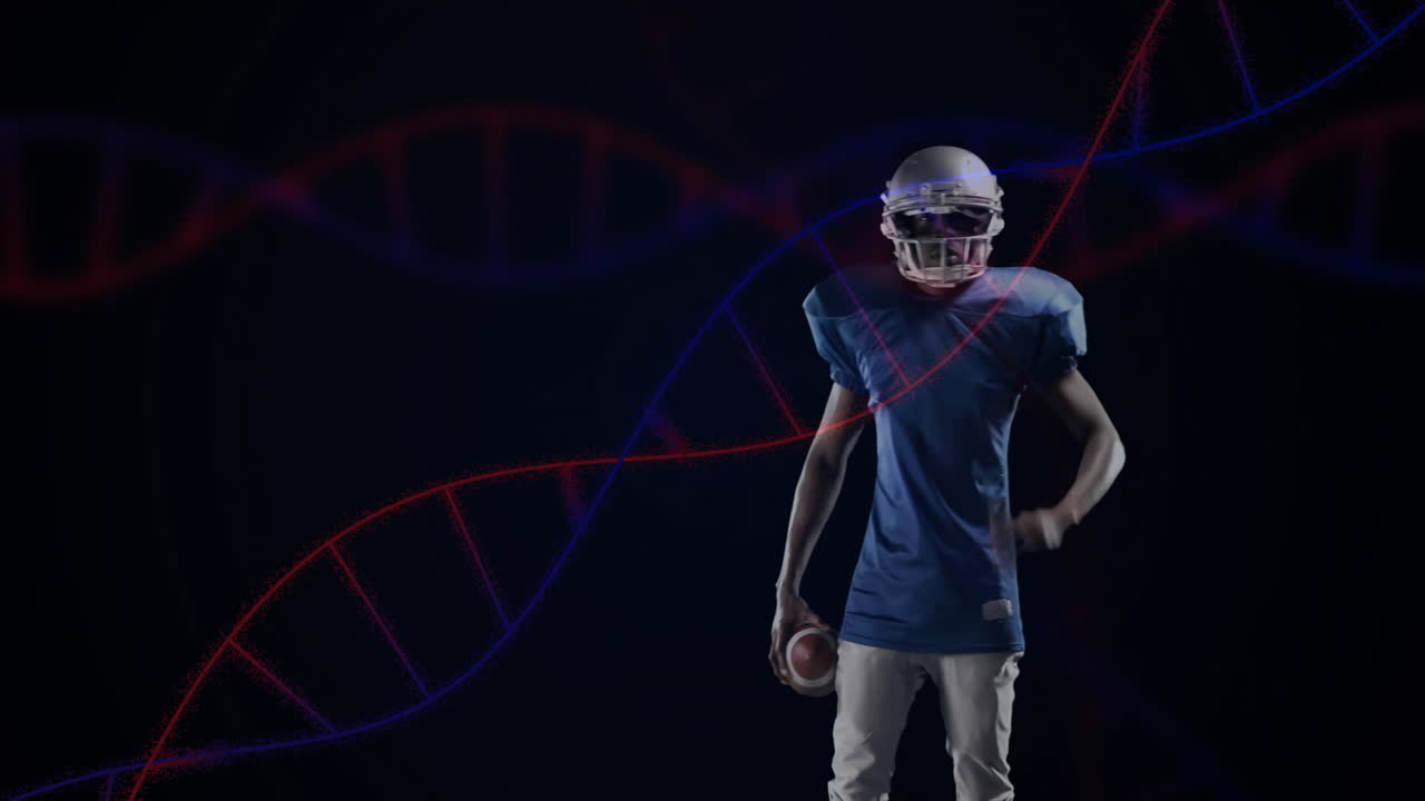 Football player holding ball with DNA strand animation in background
