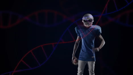 football player holding ball with dna strand animation in background