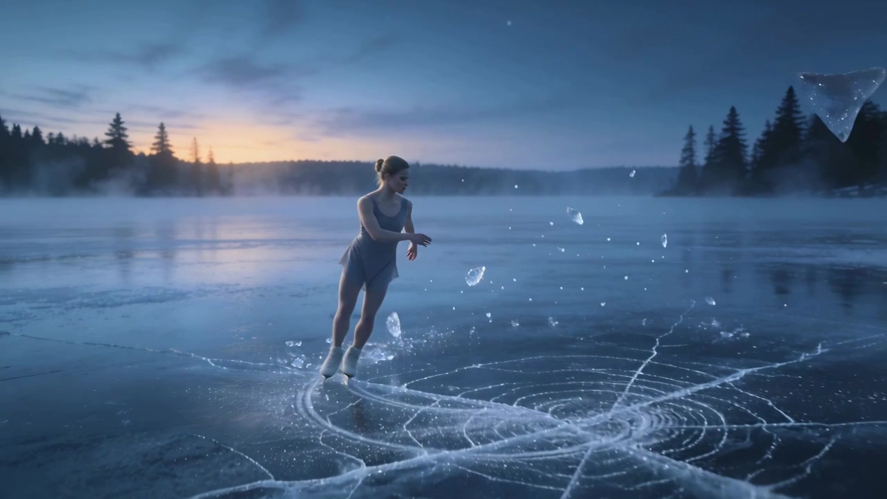 Pushing off etched circle, figure skater training on frozen dusk lake in skating dress white skates