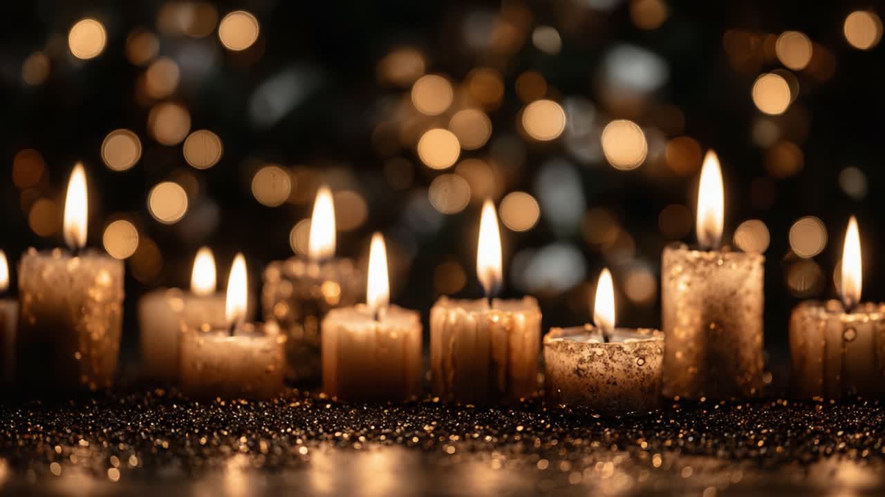 Un'immagine serena di candele luminose che illuminano uno sfondo da sogno con luci scintillanti, creando un'atmosfera calda e invitante, perfetta per la riflessione e il relax