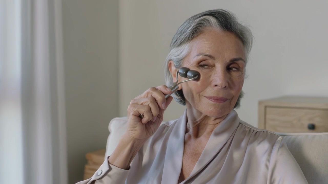 Applicazione di siero, donna anziana che fa scorrere un rullo metallico sotto gli occhi e sulla guancia per la cura della pelle vicino alla finestra