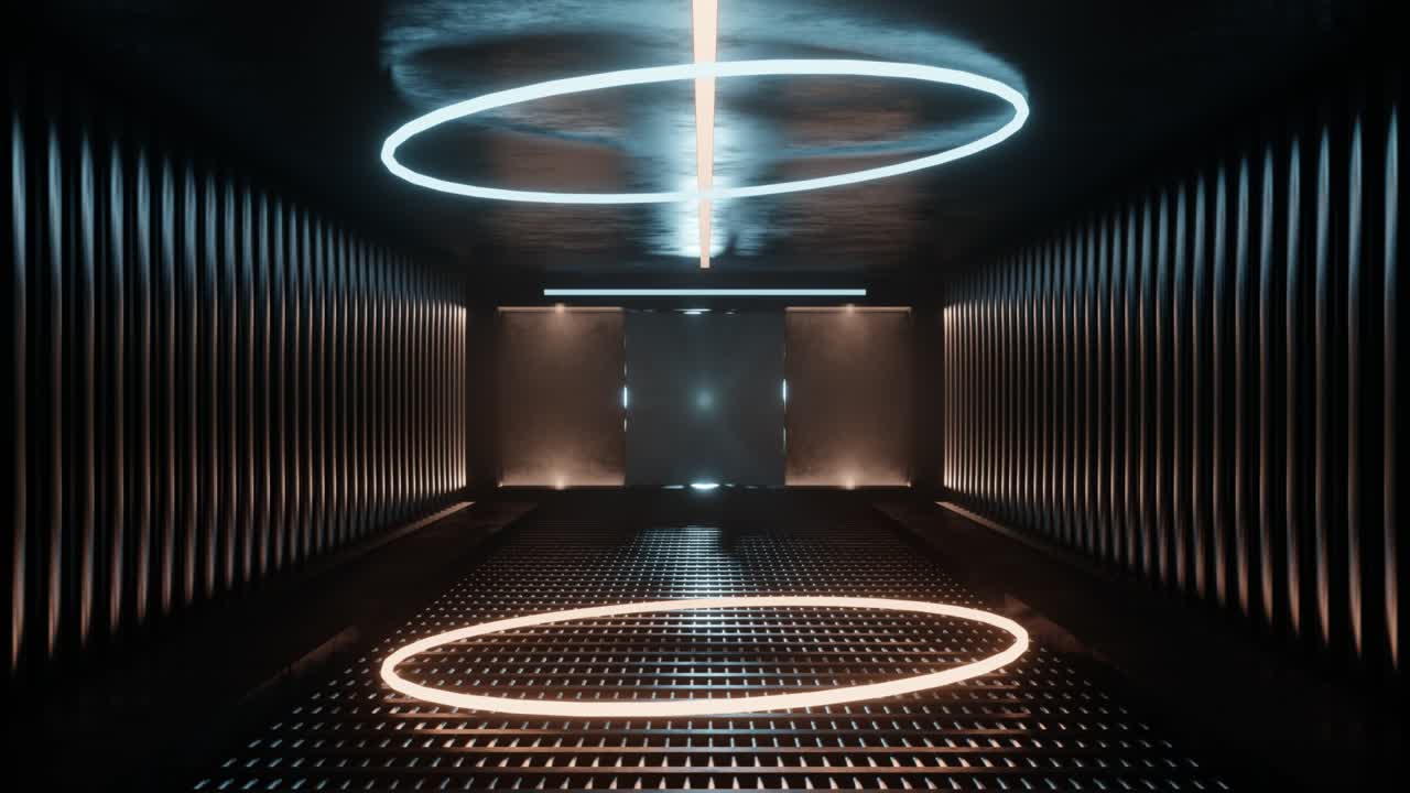 corredor de ciencia ficción en 3d con anillos de neón.