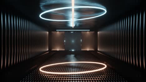 3d rendering sci-fi corridor met neon ringen.