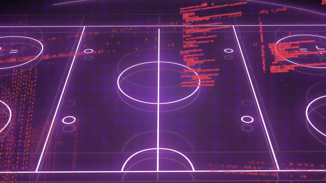 Animation of digital neon field over data processing on black background