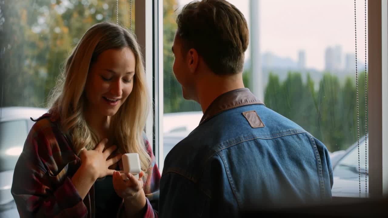 una joven pareja interactuando entre sí en un café 4k