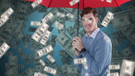 animation of a caucasian man using an umbrella with dollar bills falling down