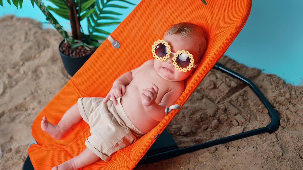 Newborn Caucasian boy in shorts lies in baby chair. Little kid in sunglasses on the imitated beach.