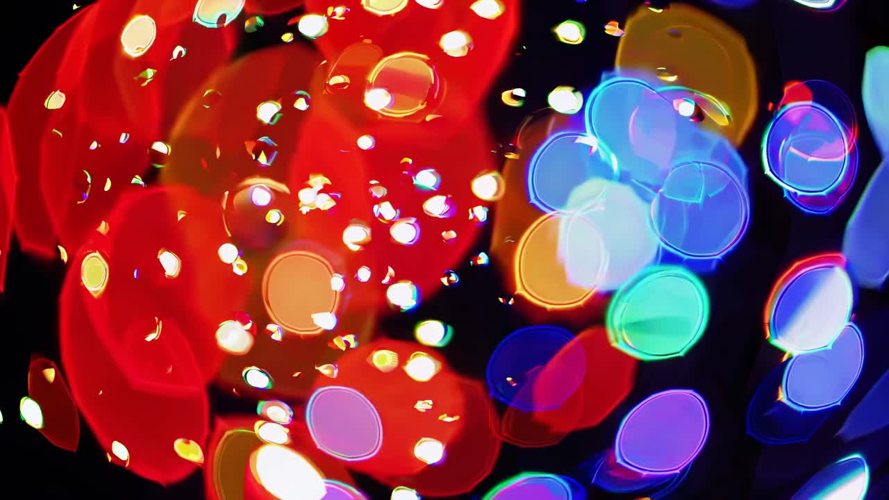 Concetto video astratto con luci bokeh vibranti in vari colori.