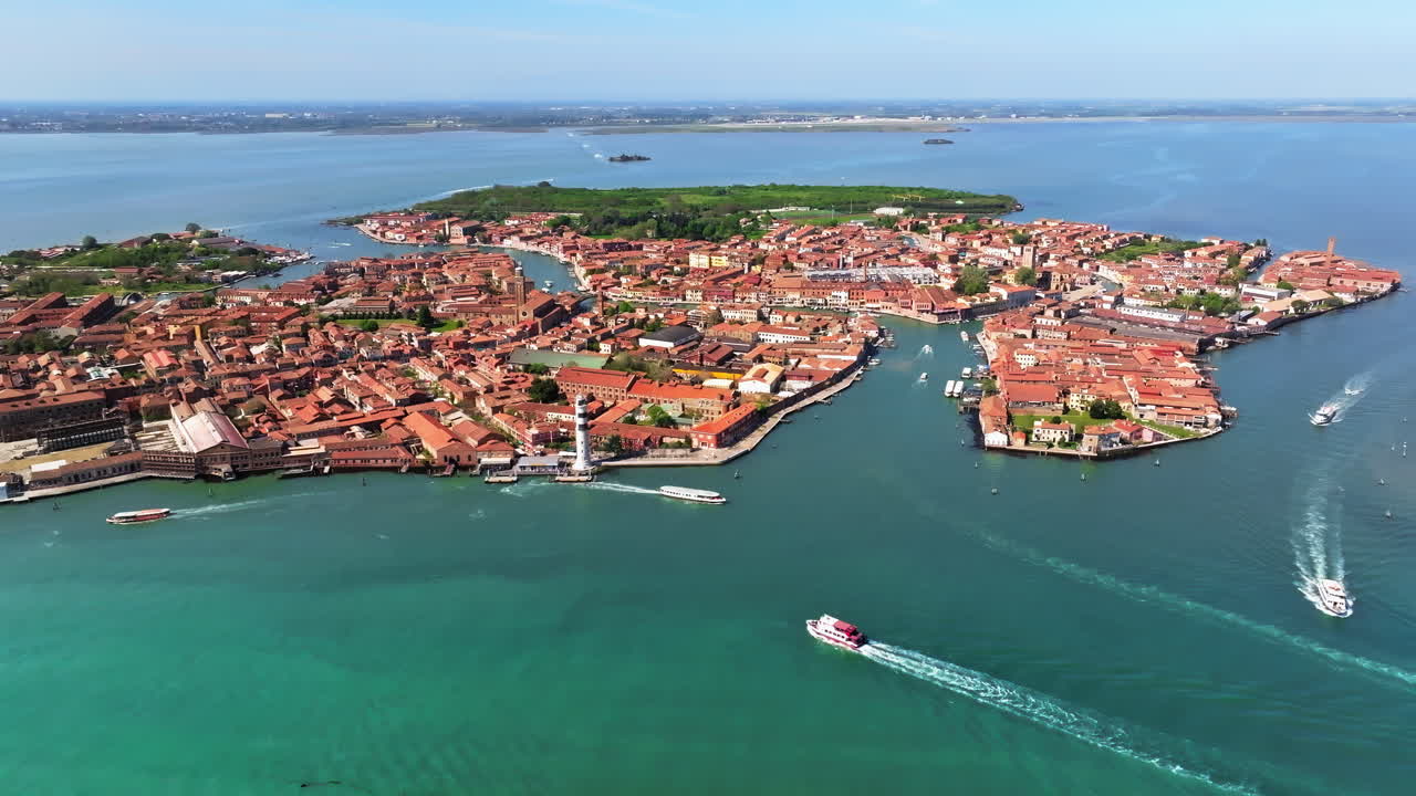 Distant Aerial drone view of Murano Island, Venice, Italy on a sunny day