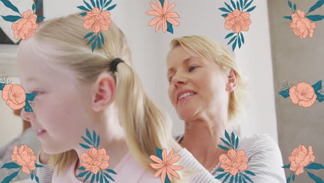 animation of flowers over caucasian mother combing daughter hair