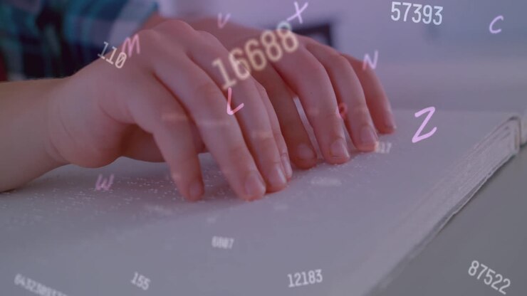 Animation of letters and numbers over caucasian schoolchild reading braille