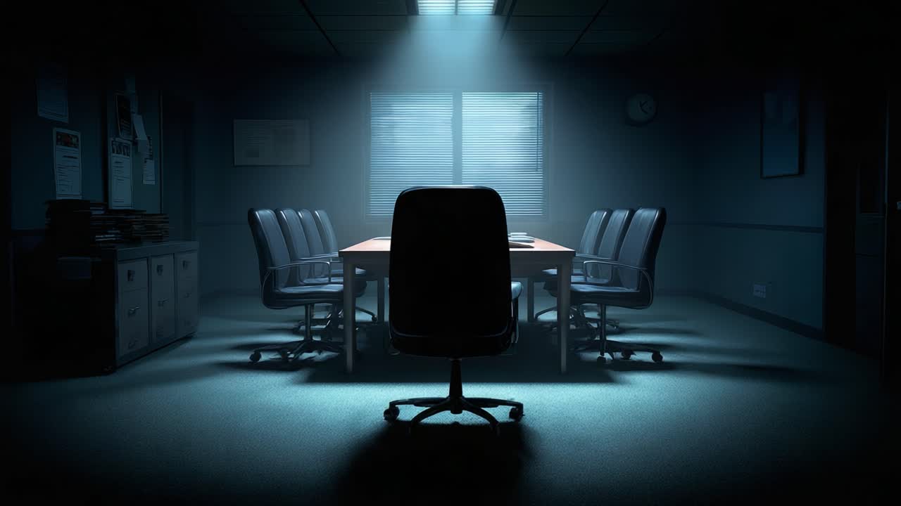 A Mysterious Conference Room Illuminated by Dramatic Lighting, Featuring an Empty Chair at the Head of the Table and Shadows that Create an Intriguing Atmosphere
