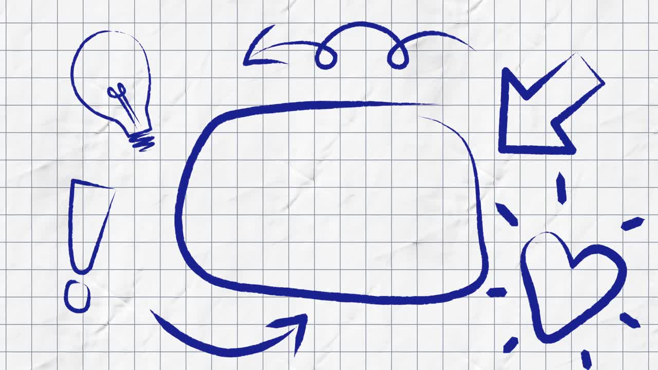 Animation of blue outlined speech bubble with arrow and icons on squared paper
