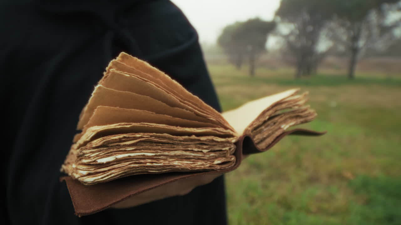 Anonymous Man Reads Esoteric Scripture Book In A Foggy Park