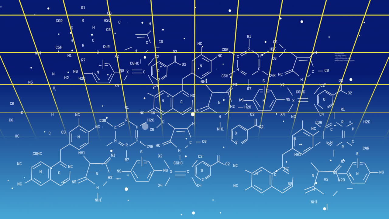 Animation of chemical formulas and molecular structures on blue gradient background
