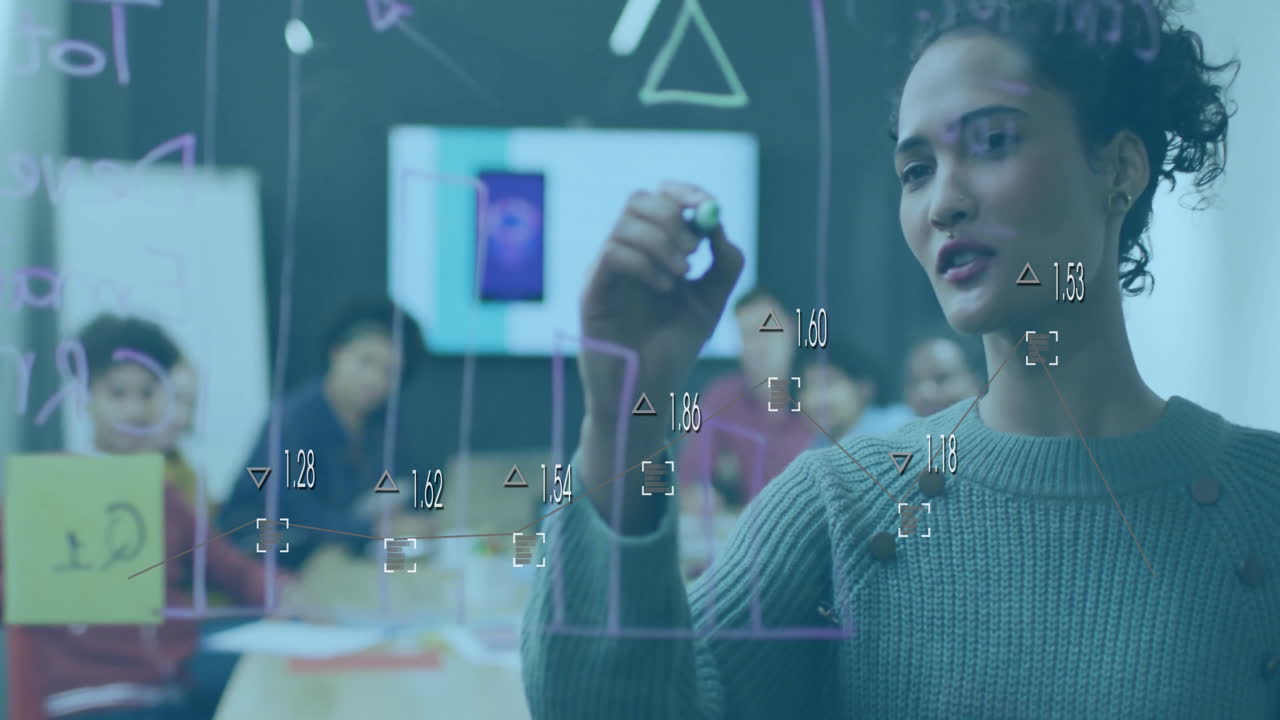 In school, animation of woman drawing graphs on transparent board for colleagues