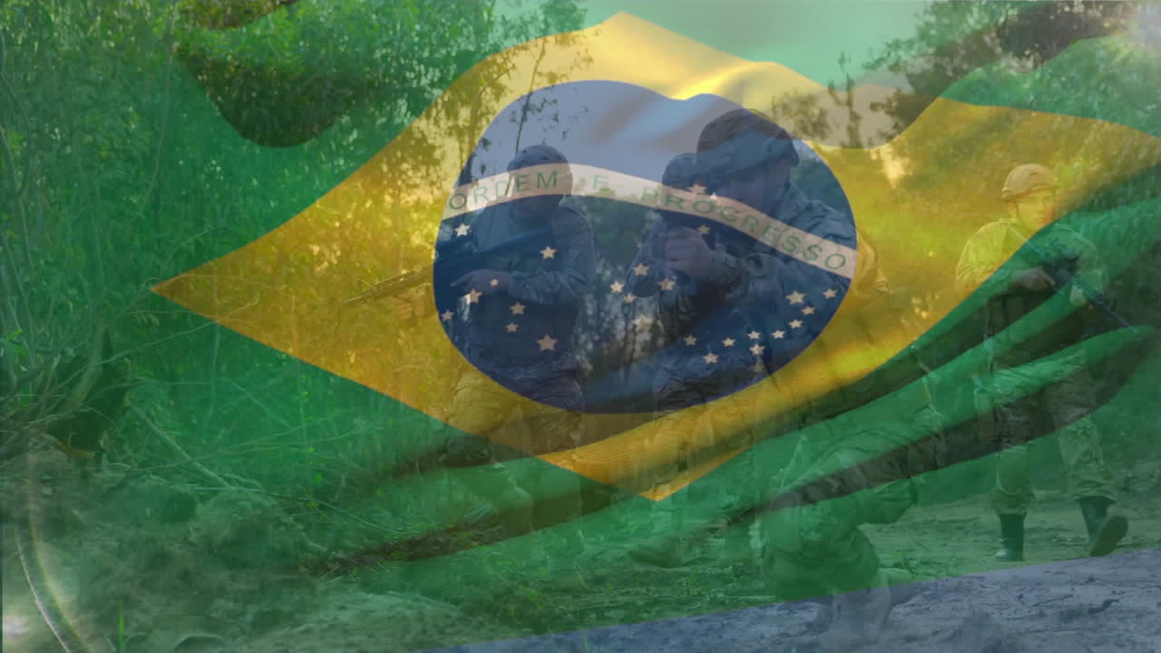 animación de ondear la bandera de brasil, varios soldados tomando posiciones en el bosque después de ver a los enemigos