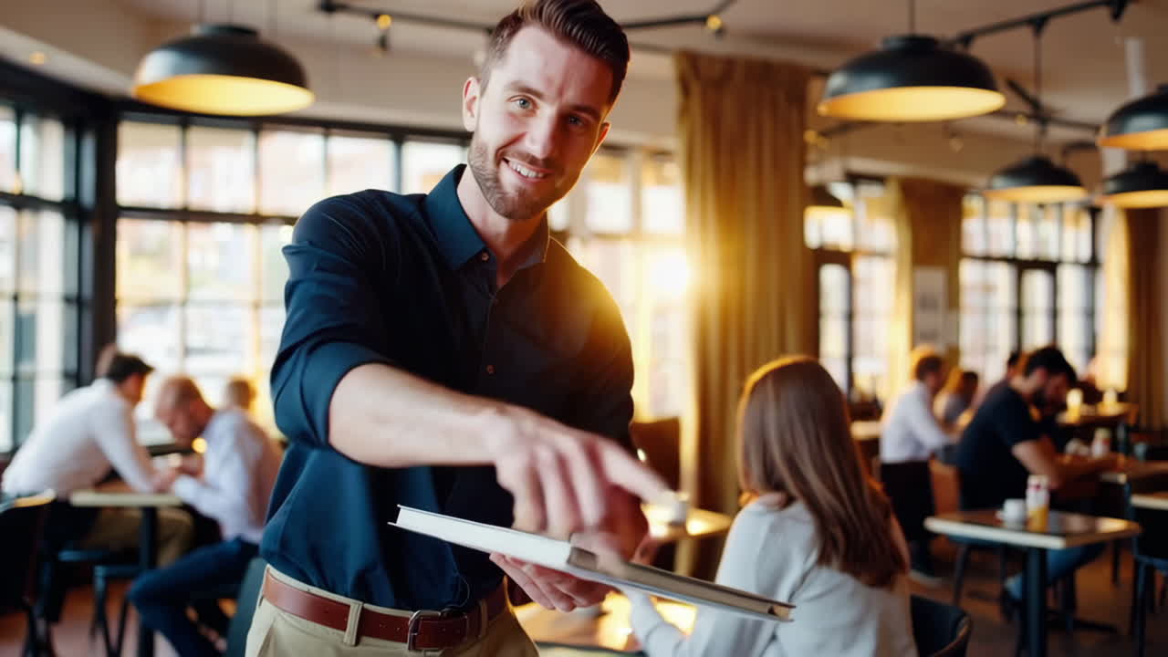 Restaurant Staff Member with Menu