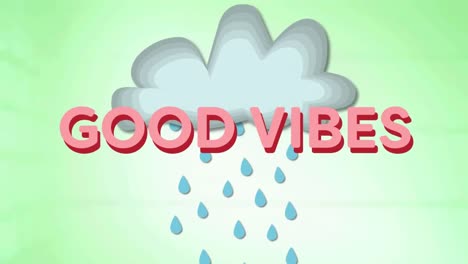 animation of good vibes text over cloud with rain on green background