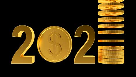 la animación 3d del número de oro 2021 incluye monedas de dólar en negro.