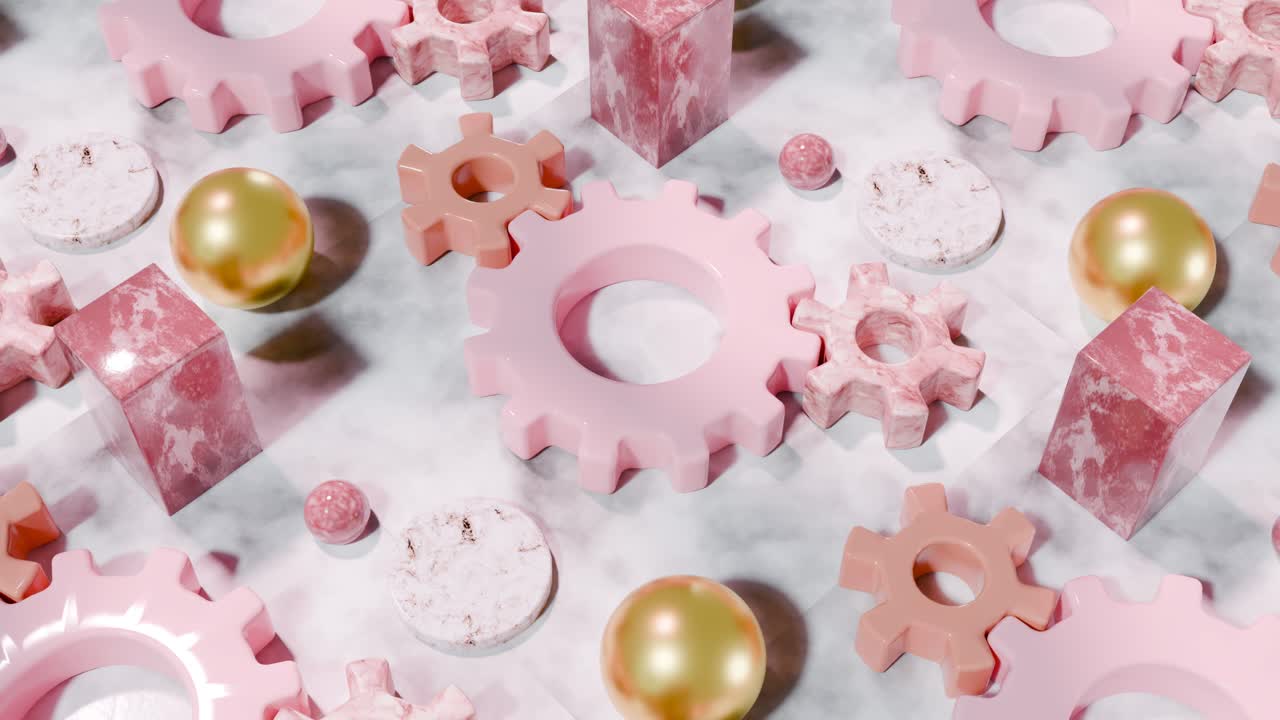 3D rendering of rotating pink gears seamless loop