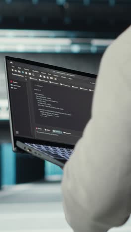 Vertical video Engineer walking in data center using device to configure hardware