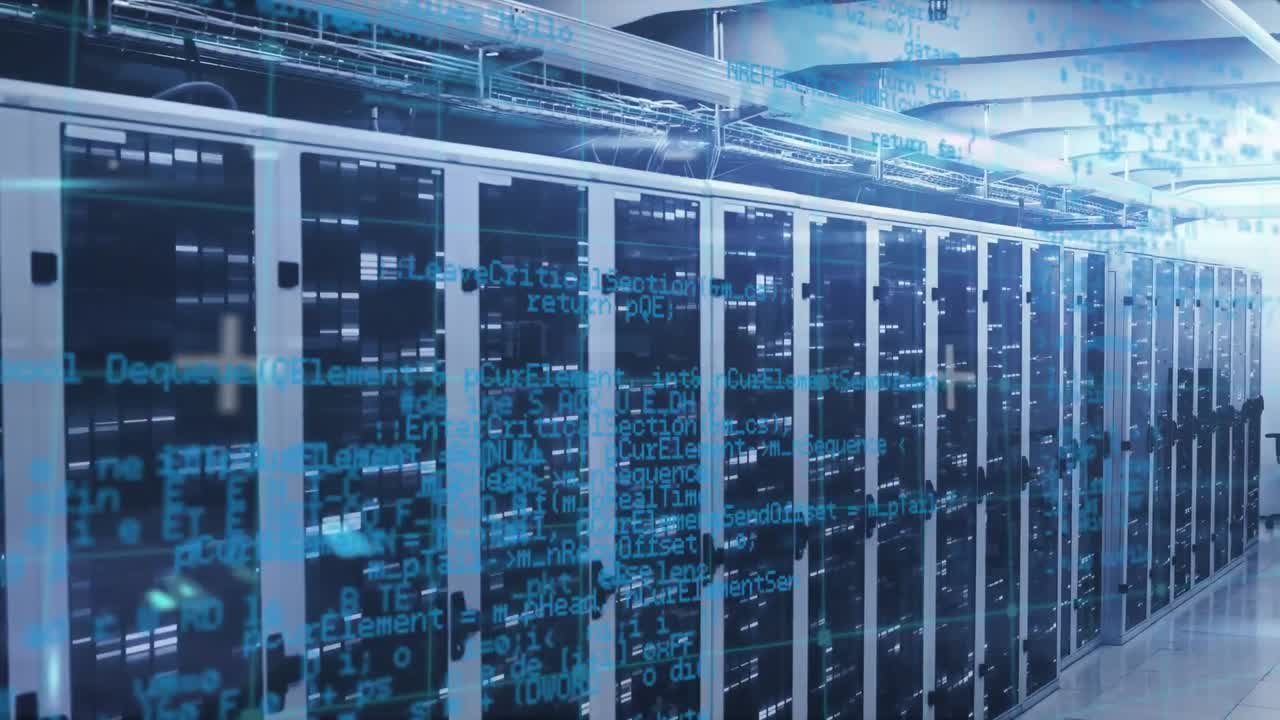 Animation of data processing and mosaic squares over empty computer server room