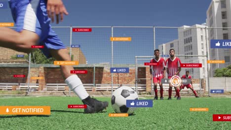 animation of notification bars over diverse player kicking soccer ball and opponent defending goal