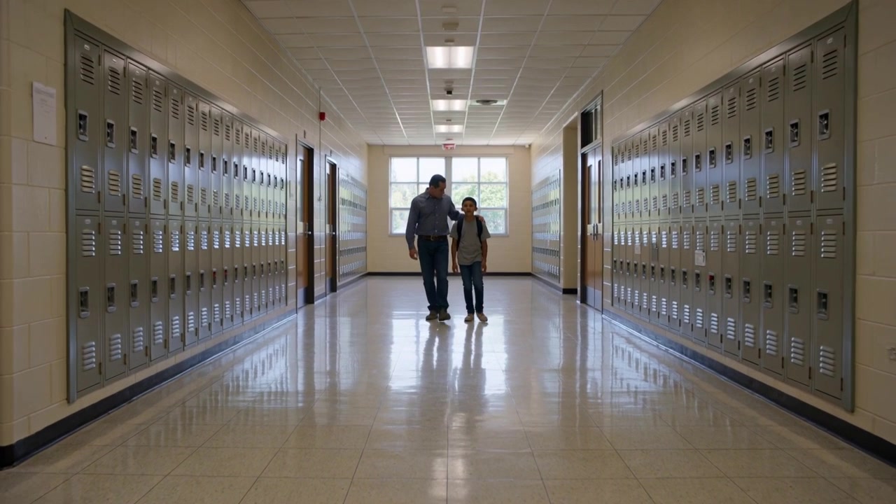 Adulto con maniche lunghe che cammina e guida un bambino dopo la lezione a scuola, con uno zaino.